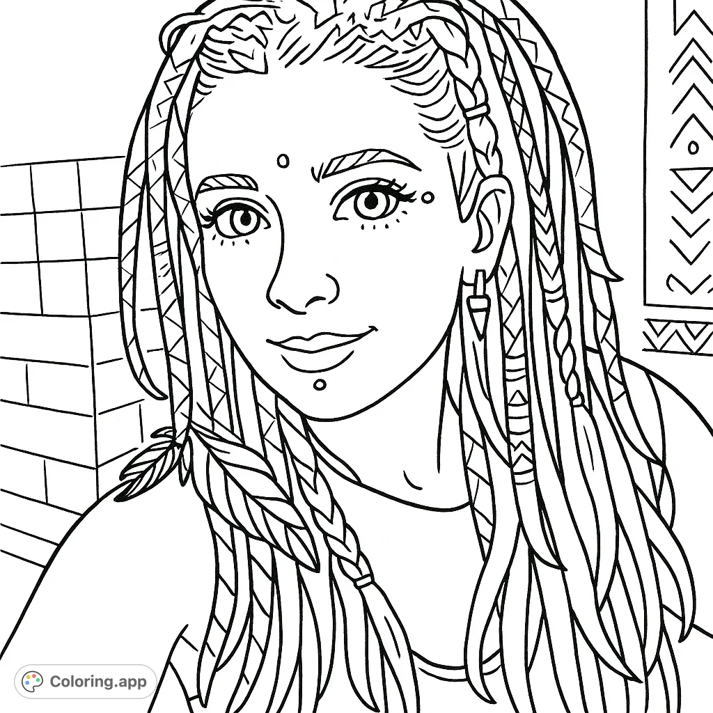 Dive into this whimsical dreadlocks woman coloring page, featuring playful details and geometric patterns. A free printable coloring page for creative fun and relaxation.