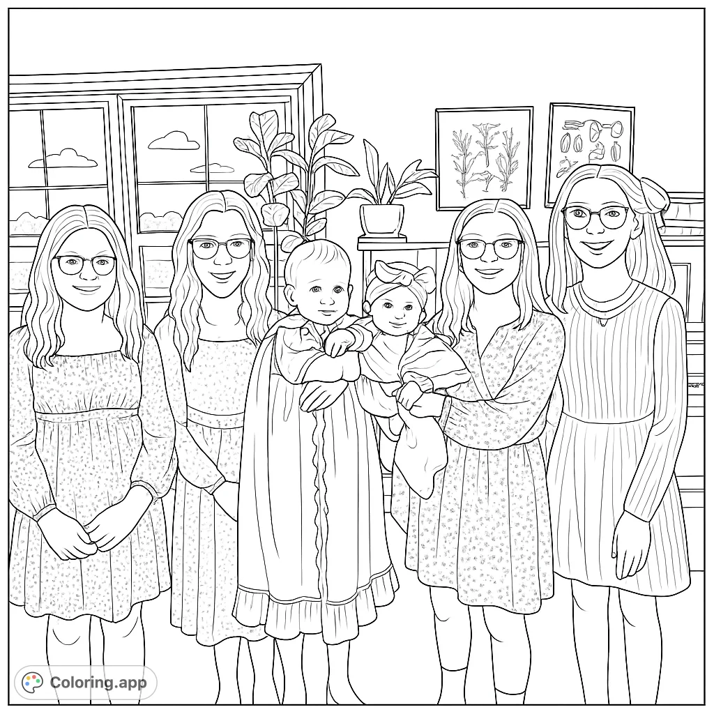 A heartwarming family scene featuring five girls and two infants, captured in a detailed indoor setting with patterned dresses and delicate baby gowns. Perfect for personalizing.