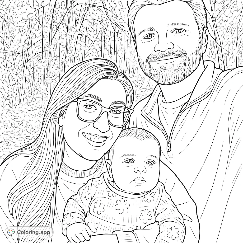 A heartwarming portrait of a mother, father, and baby amidst a dense woodland, offering a beautiful scene for detailed coloring and personal expression.