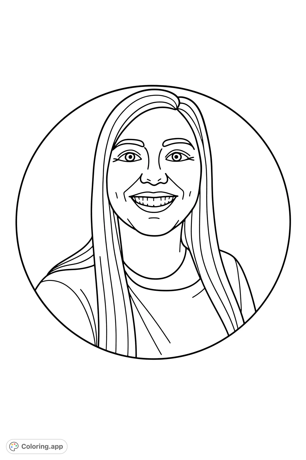 A cheerful woman with long, flowing hair and a subtle necklace, framed in a simple portrait, offering a delightful coloring experience.