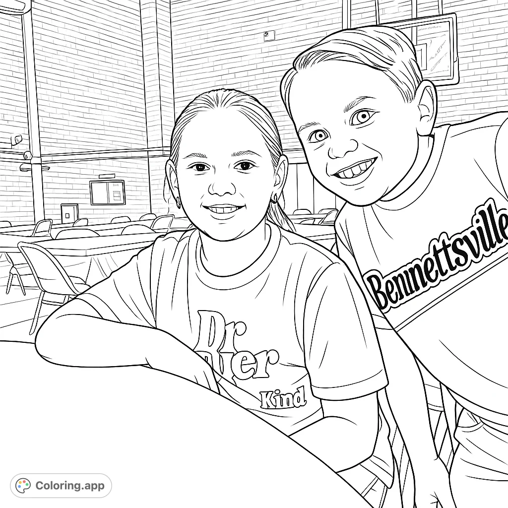 Capture the cheerful moment of two children smiling at a table in an indoor setting. This delightful coloring page features engaging characters and a detailed background.