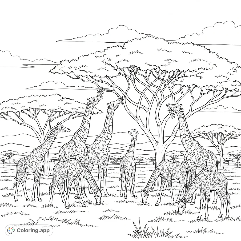 A captivating giraffe coloring page featuring ten giraffes with varied neck lengths browsing trees on an expansive savannah, perfect for animal lovers.