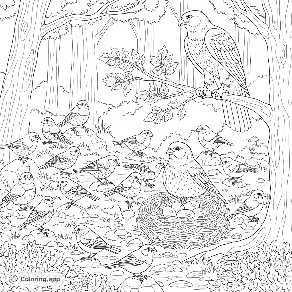 A captivating woodland coloring page featuring fifteen small finches on the forest floor, a mother bird on her nest with eggs, and a hawk perched above.
