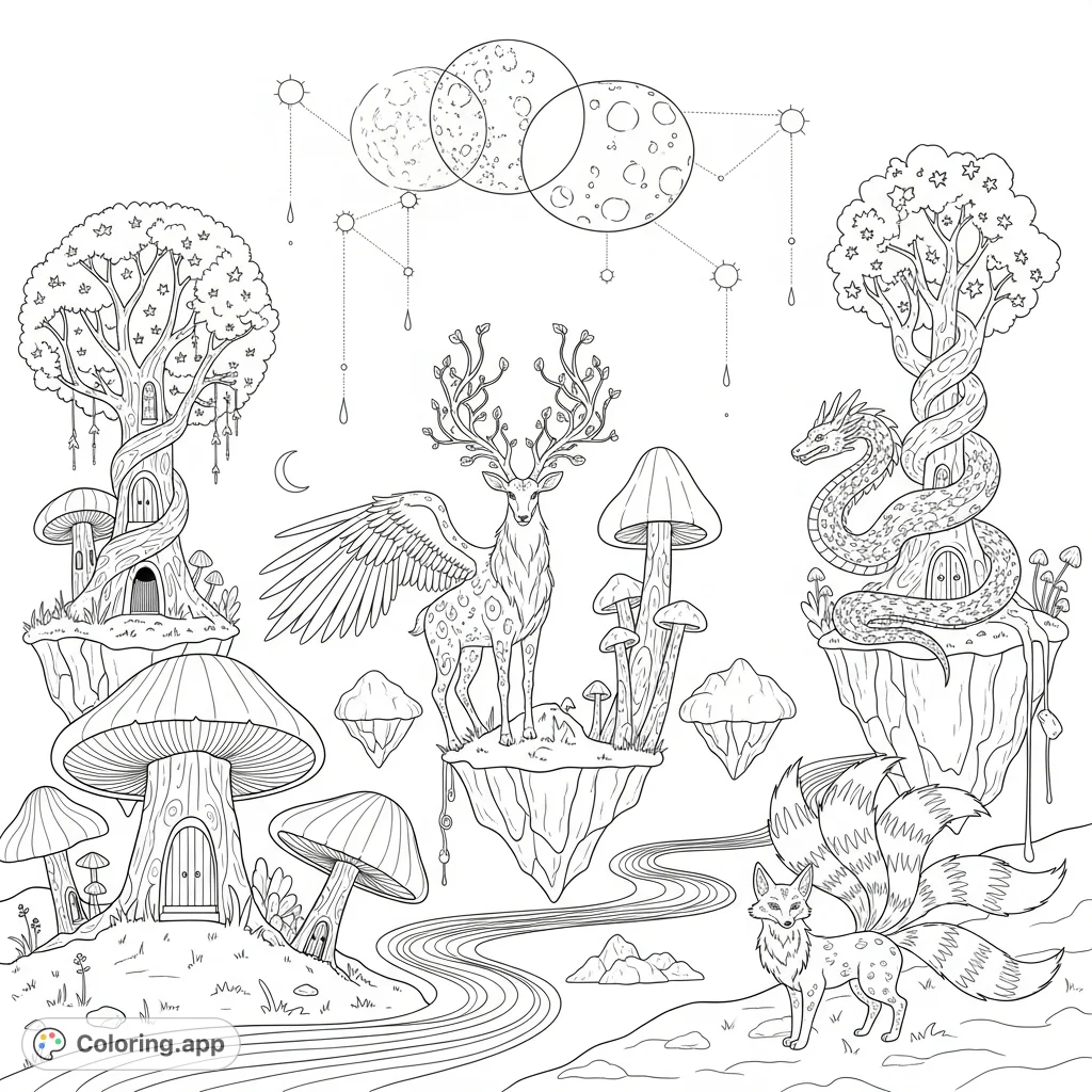 Explore a mesmerizing, dreamlike landscape featuring mystical creatures like a winged stag, serpent-dragon, and multi-tailed fox amidst surreal terrain and celestial bodies.