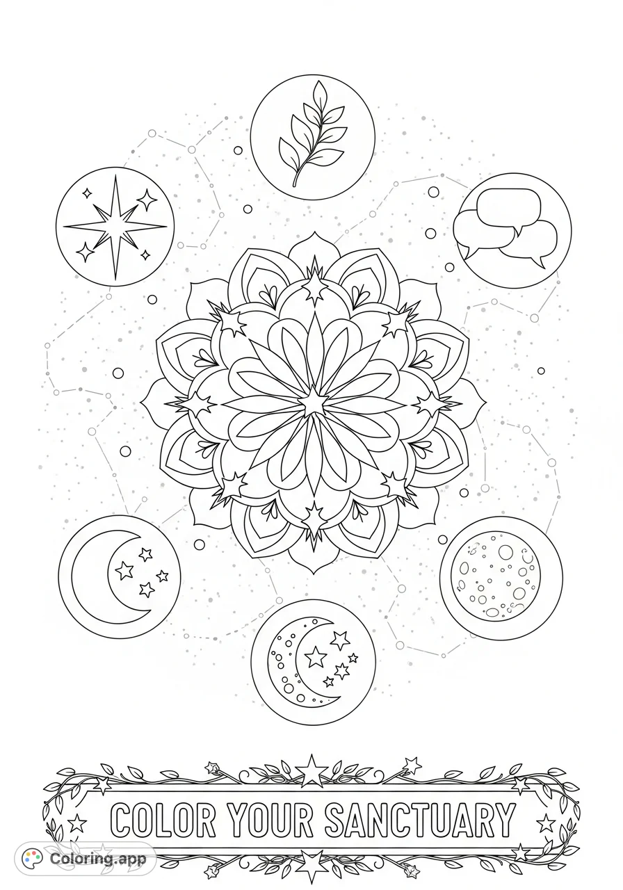 Discover a tranquil sanctuary mandala coloring page with flowing shapes, orbiting celestial and natural icons, and a heartfelt banner. Perfect for mindful creativity.
