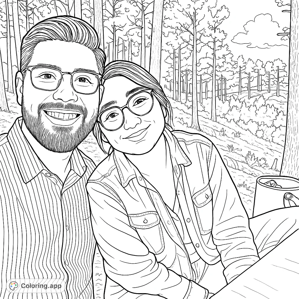 Capture a loving couple's moment in a serene forest setting. This heartwarming scene offers intricate details for a relaxing and engaging coloring experience.