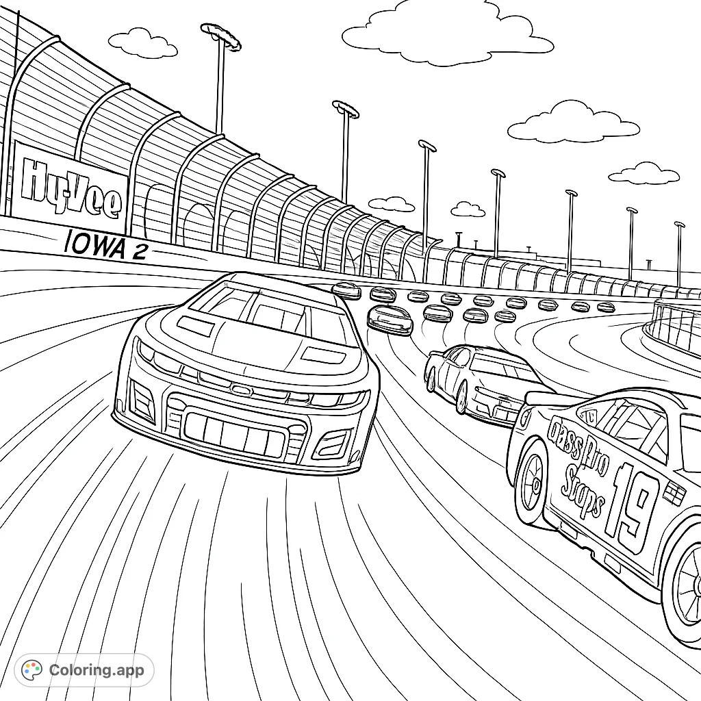 Dynamic race car scene with multiple vehicles speeding on an oval track. Features detailed cars and a stadium background, perfect for speed enthusiasts.