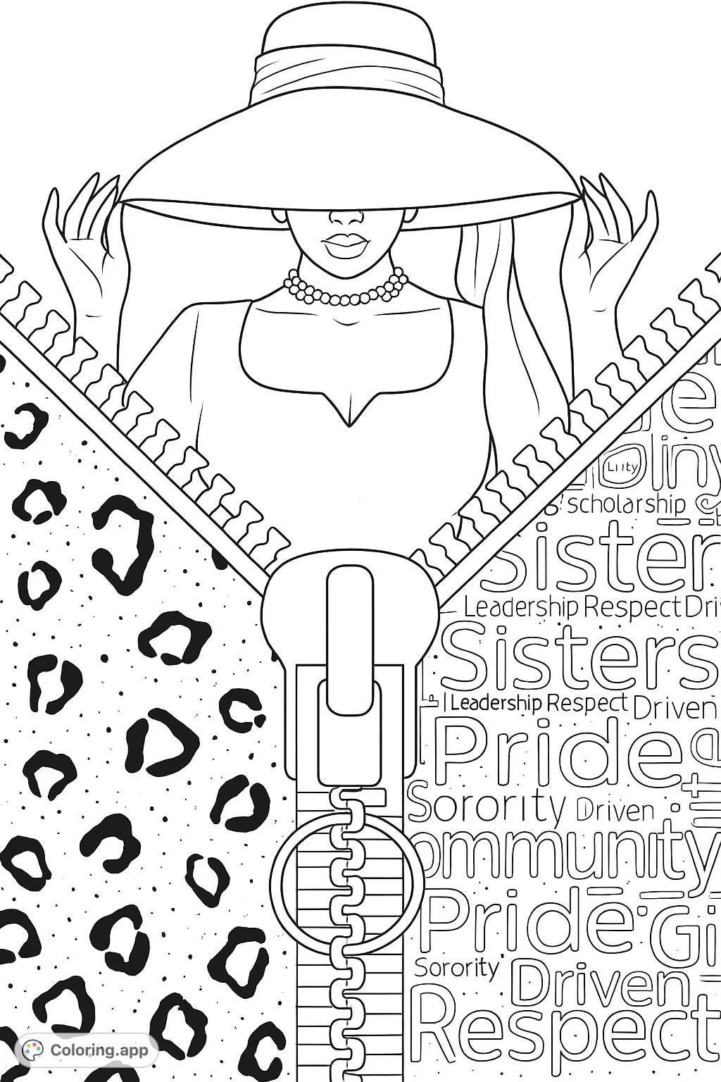 A fashionable woman in a wide-brimmed hat, revealing a vibrant world of empowering words and animal print patterns through an unzipped design.