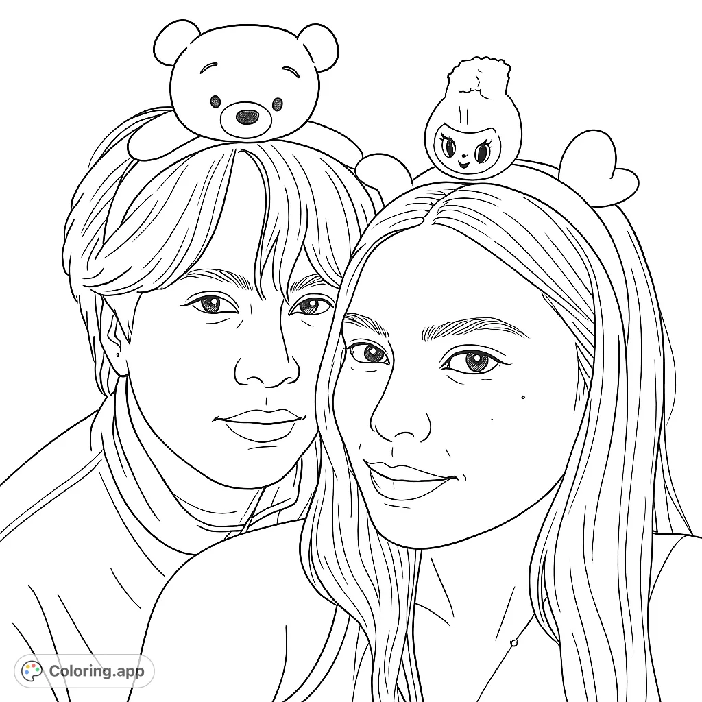 Color a sweet portrait of two friends adorned with adorable character headbands, perfect for creative expression and delightful detailing.