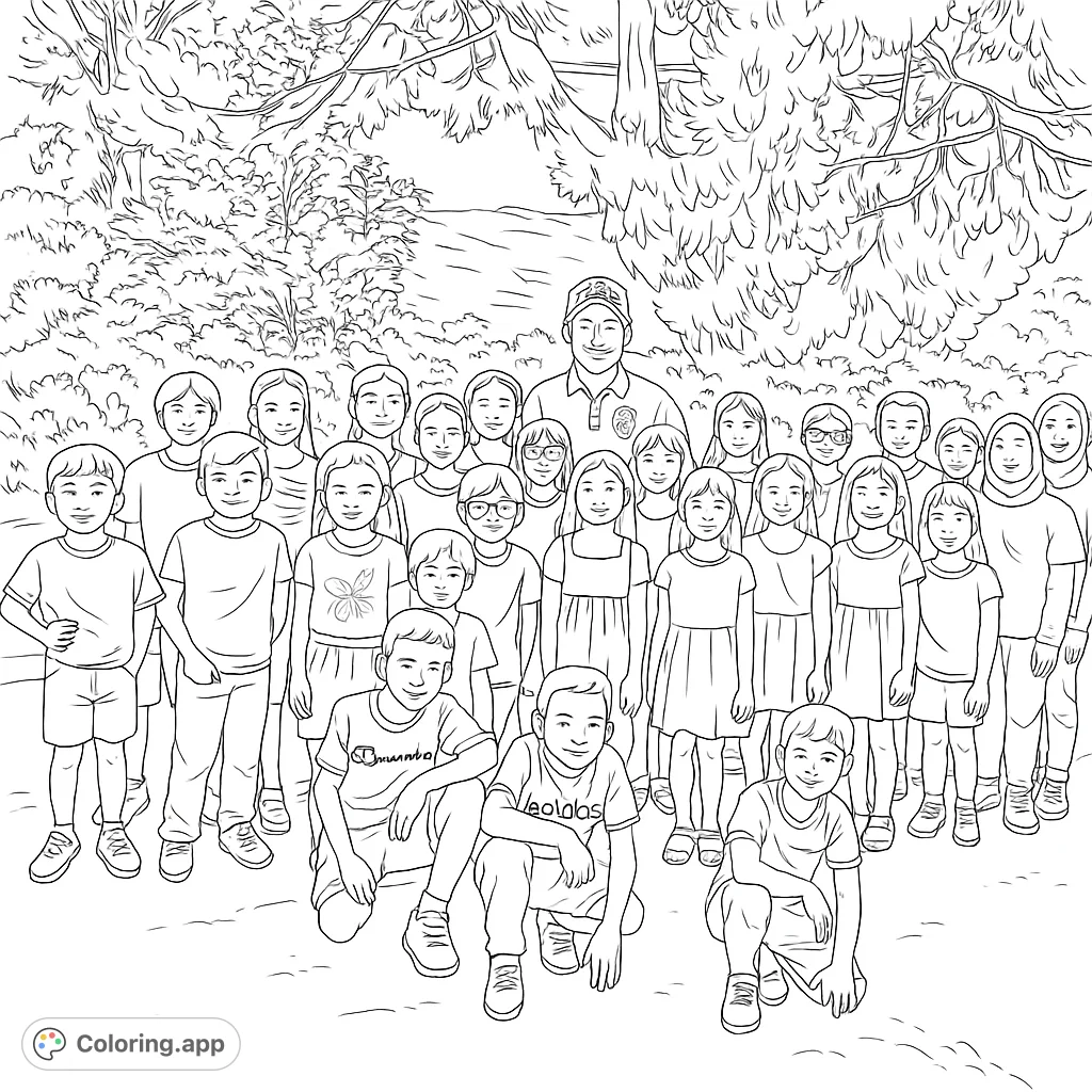 A vibrant school group coloring page featuring diverse students and teachers. Celebrate community, friendship, and learning in this engaging scene.