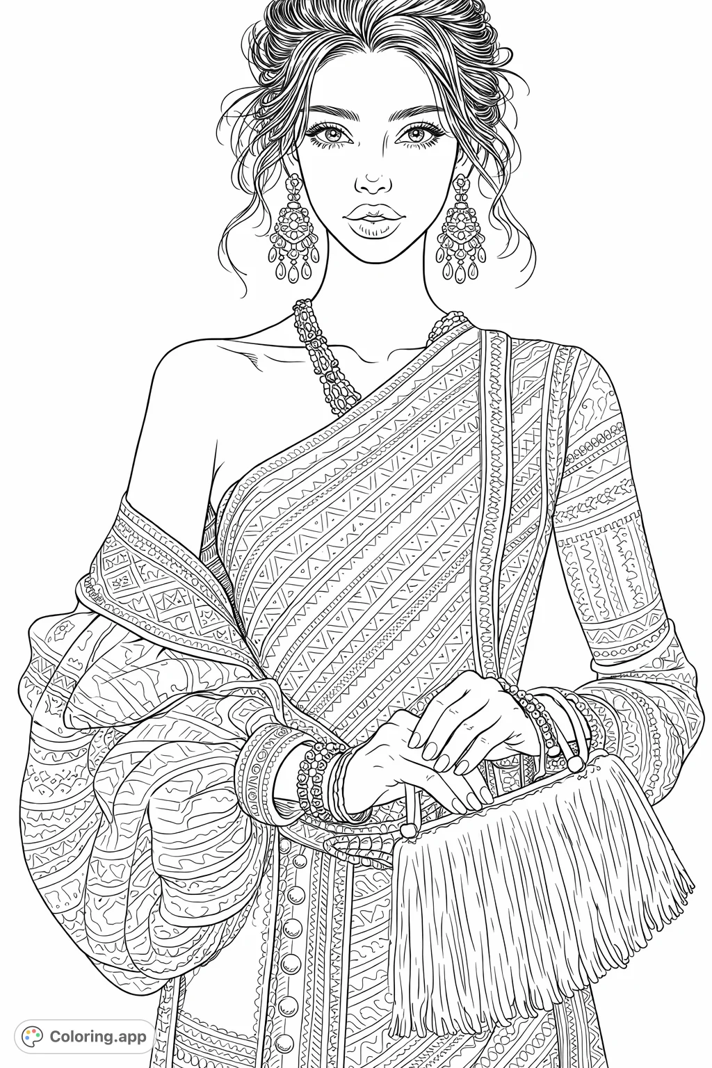 An intricate traditional attire coloring page featuring a graceful woman adorned in detailed patterned fabric, elaborate jewelry, and a fringed accessory. Perfect for fashion enthusiasts.