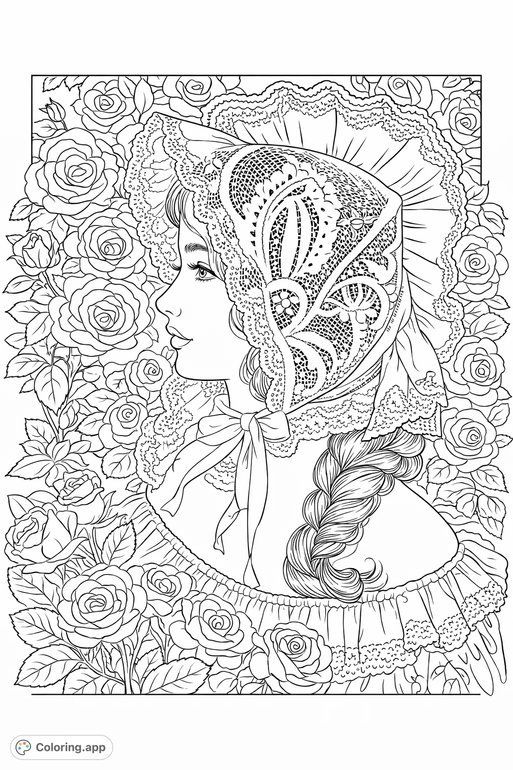 An elegant portrait featuring a person in a detailed lace bonnet amidst abundant roses. Perfect for lovers of intricate fashion and floral designs.