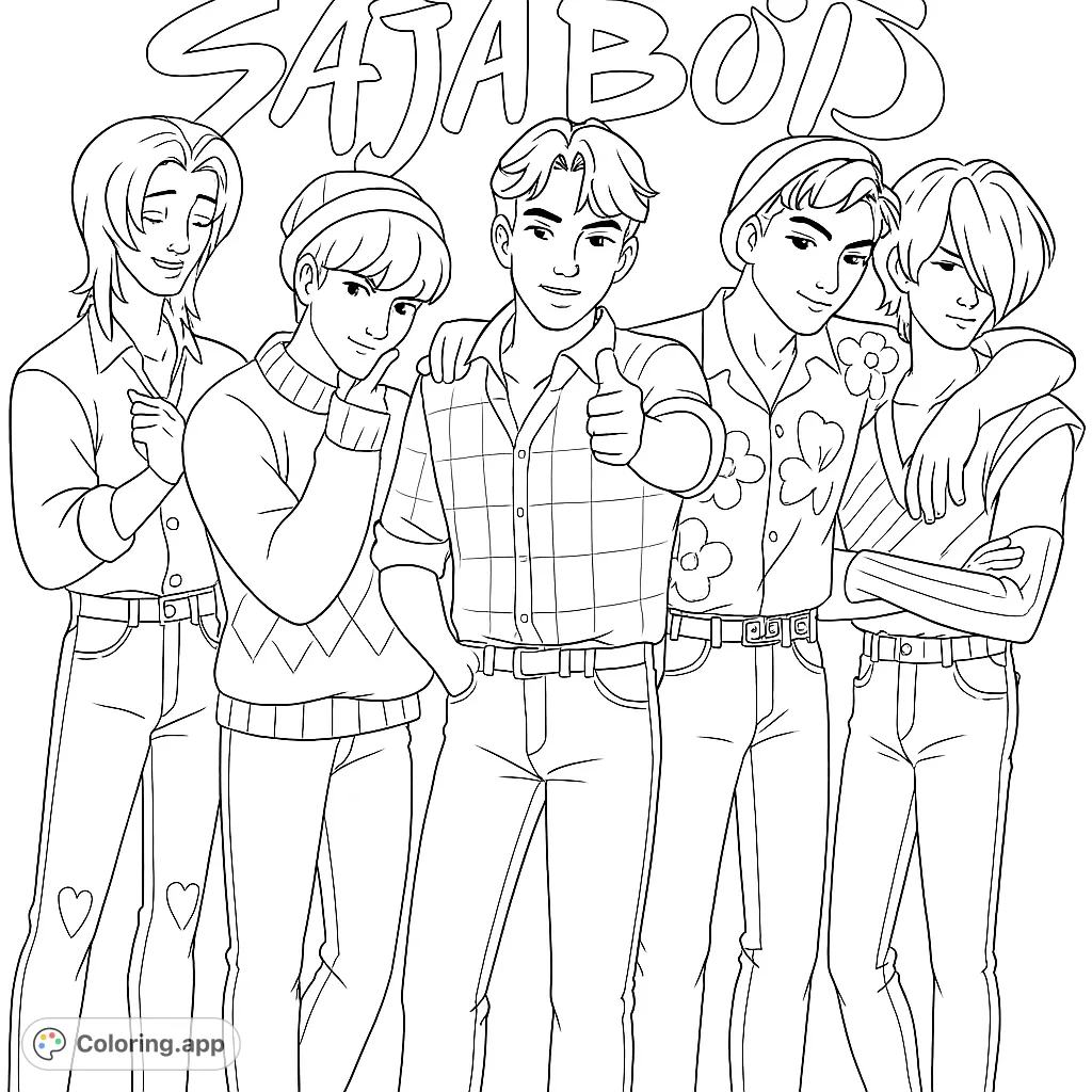 Color this trendy pop crew featuring five stylish figures. Perfect for fans of modern music and fashion, offering intricate details on clothing and hairstyles.