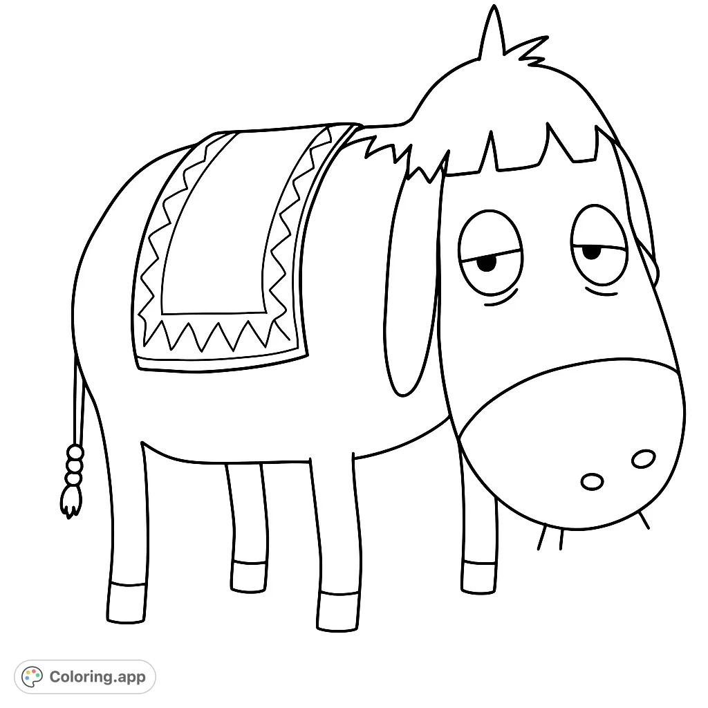 A charming cartoon donkey wearing a patterned saddle blanket, ready for a creative coloring adventure. Perfect for all ages to enjoy.