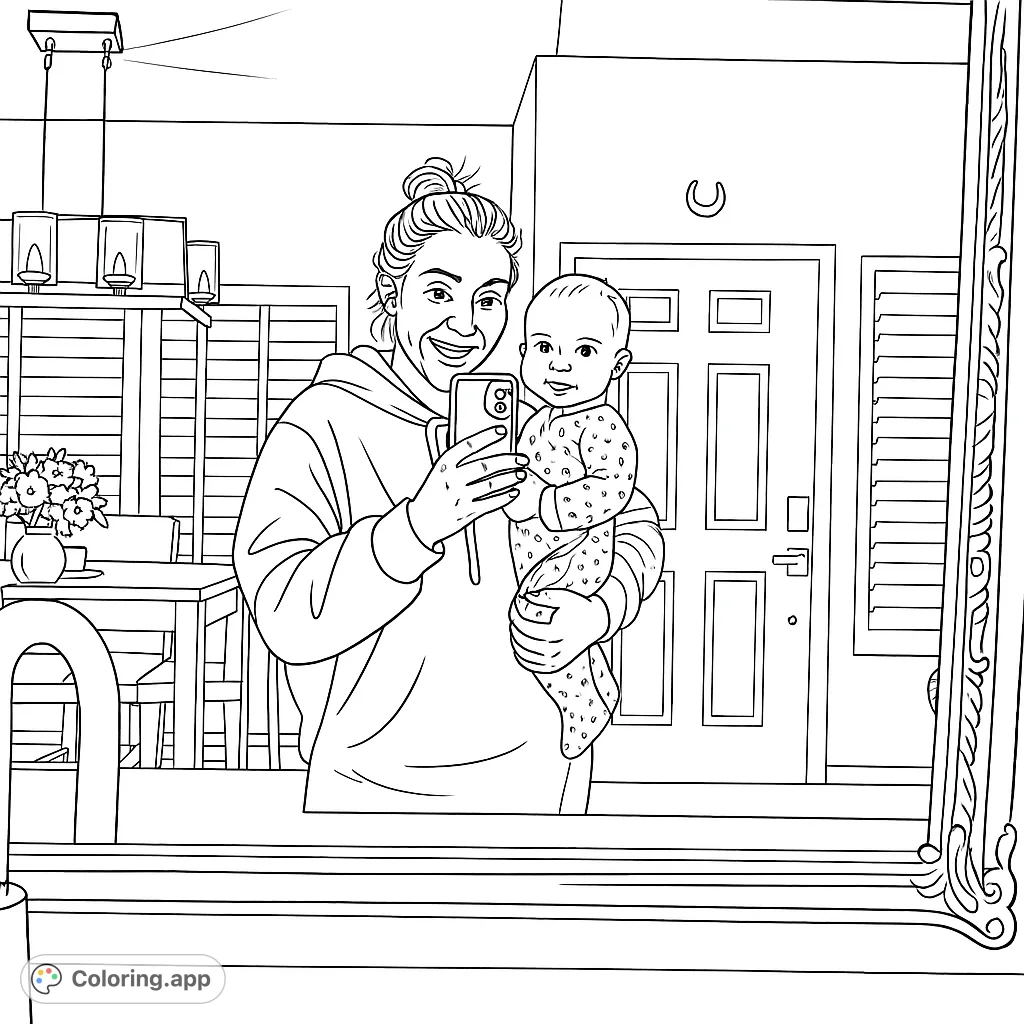A heartwarming scene of a mother and baby taking a mirror selfie. Capture the joy and details of this lovely family moment with your artistic touch.