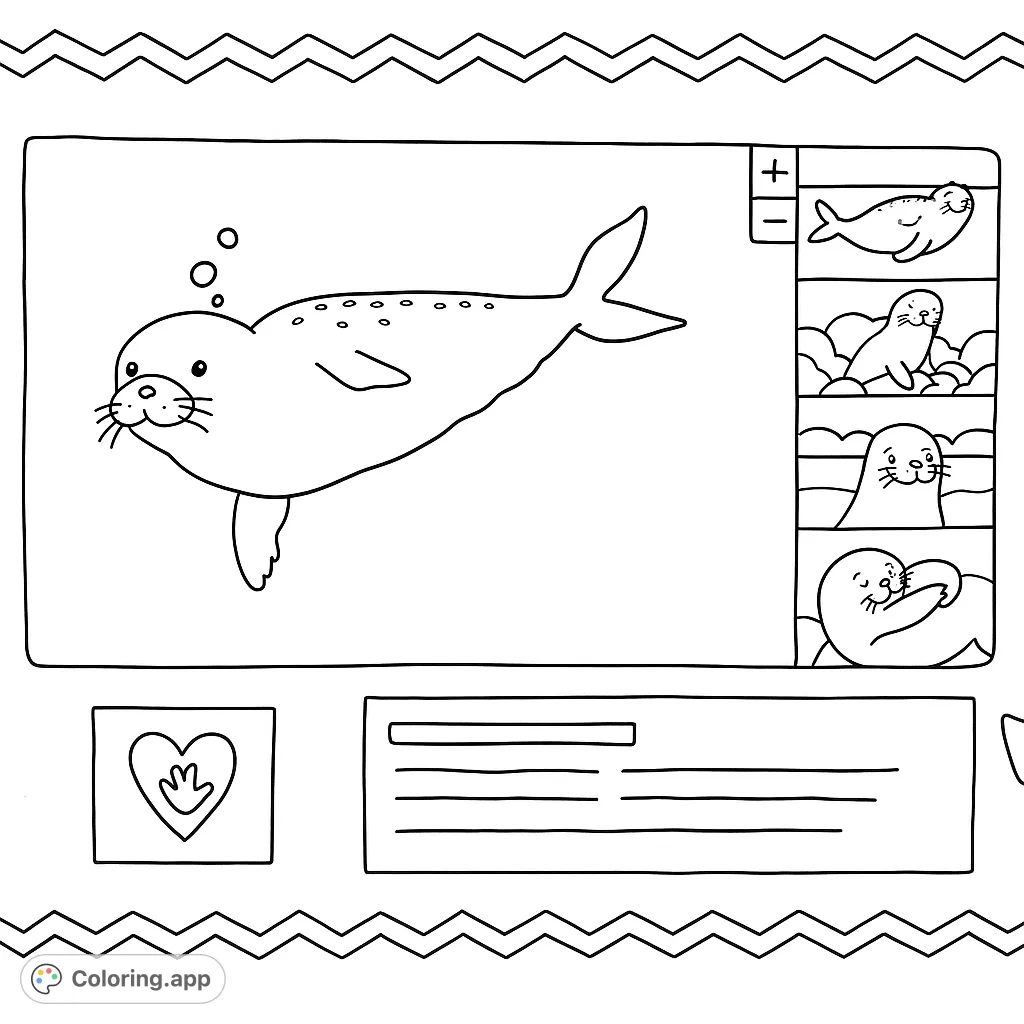 Dive into an exciting underwater seal coloring page! Featuring a cheerful swimming seal and four additional playful scenes, perfect for imaginative fun.