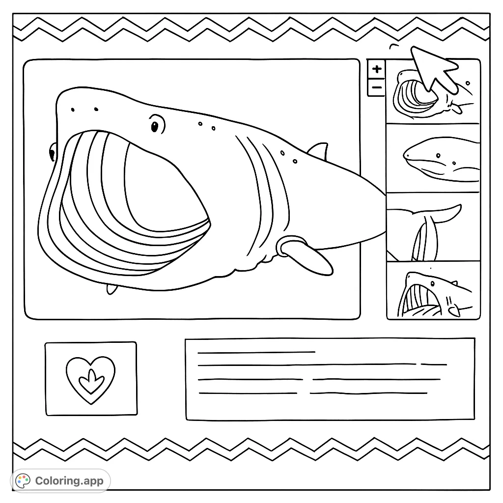 Explore a charming cartoon whale with its mouth open underwater, surrounded by smaller whale illustrations and framed elements. A delightful aquatic scene awaits your creative touch.