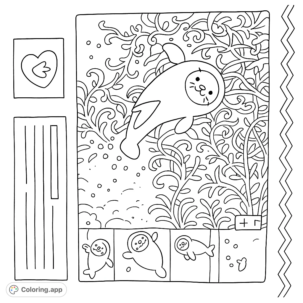 Dive into a charming manatee coloring page with a large central creature, smaller friends, and intricate underwater patterns. A delightful aquatic adventure awaits!