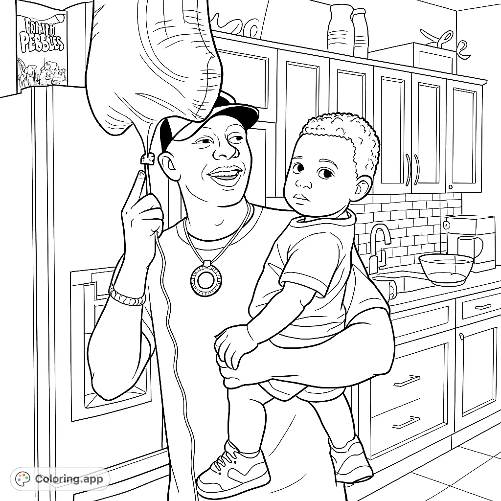 Capture a heartwarming family moment: a man holding a child with a number '1' balloon in a detailed kitchen, perfect for a celebration coloring page.