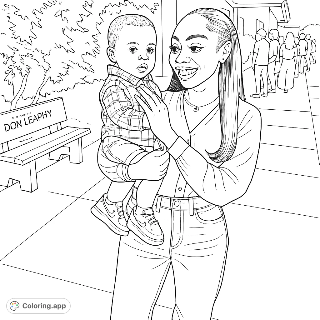 A heartwarming coloring page featuring a smiling woman holding a baby. Perfect for capturing tender family moments with a simple, storybook style.