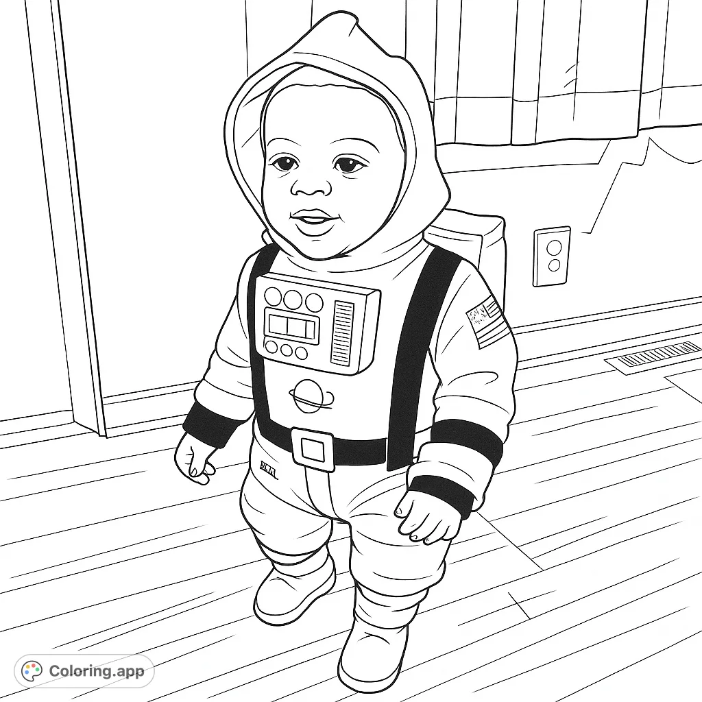 An adorable toddler dressed in a detailed astronaut suit, ready for an adventure. Perfect for young space enthusiasts and future explorers!