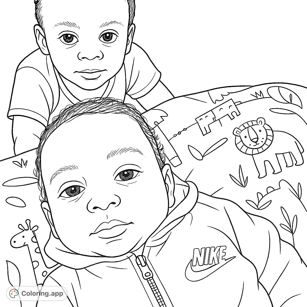 A heartwarming coloring page featuring two adorable young siblings, a baby and an older child, sharing a sweet moment. Perfect for little artists to bring to life.
