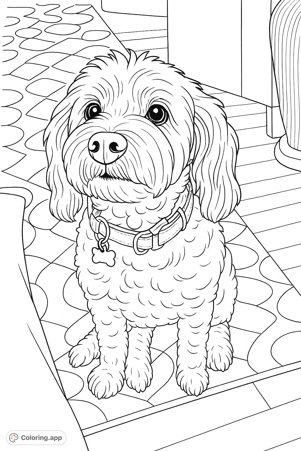 An adorable fluffy dog sits patiently, looking up with a sweet expression. Features shaggy fur and a collar with a tag, perfect for a heartwarming coloring experience.
