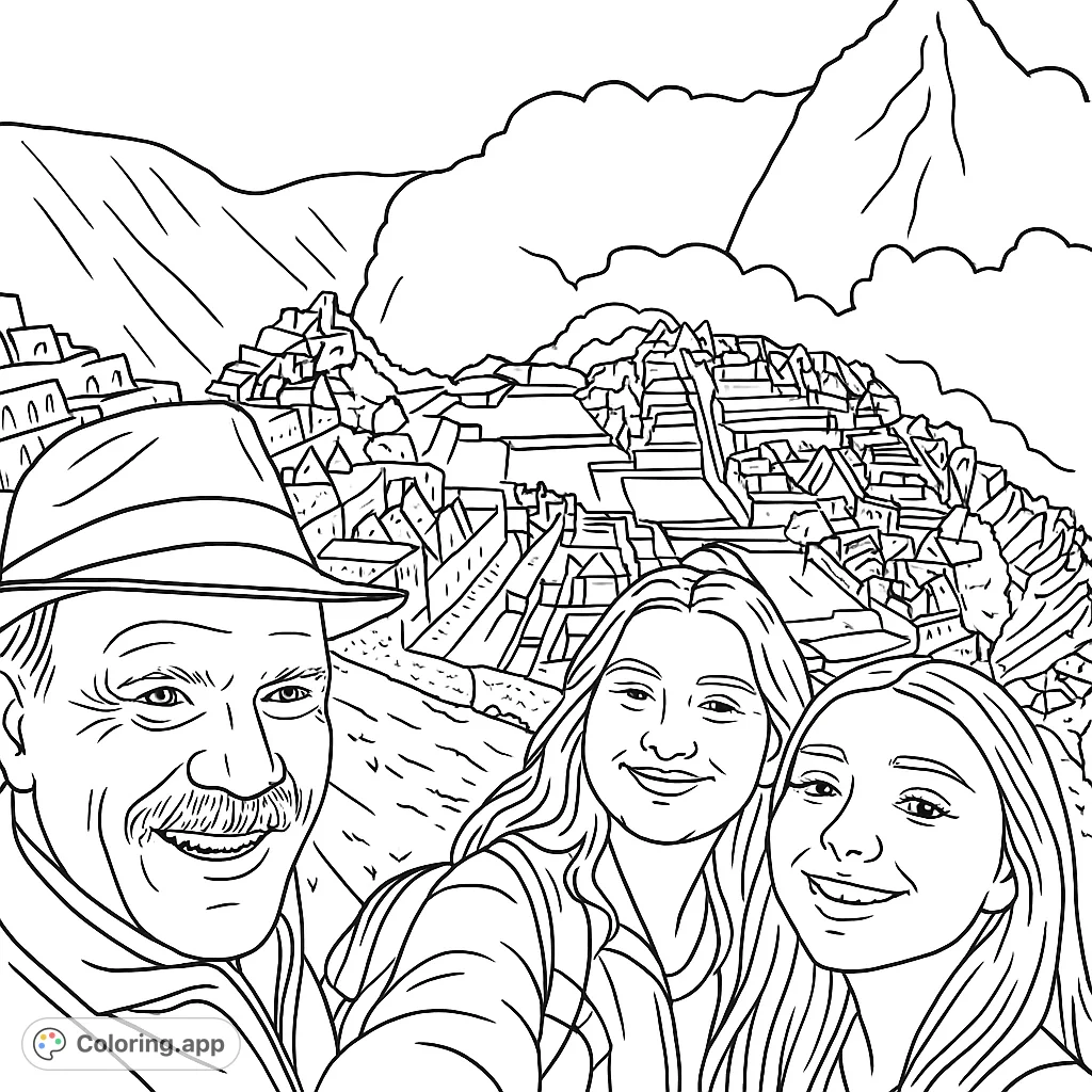 Explore an ancient city with three smiling adventurers. This detailed coloring page features historical ruins, mountain views, and figures, perfect for immersive coloring.