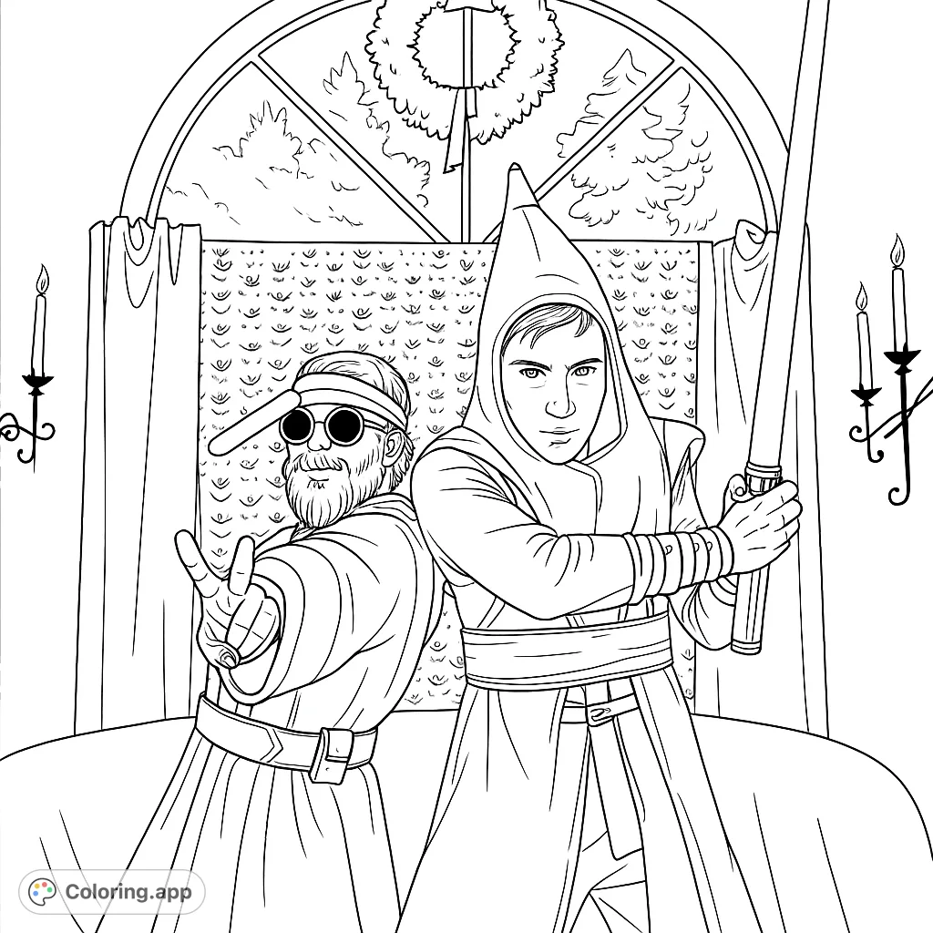 Two friends in playful costumes, one a banana-clad figure wielding a glowing saber, the other a robed character making a peace sign, set against a fun backdrop.