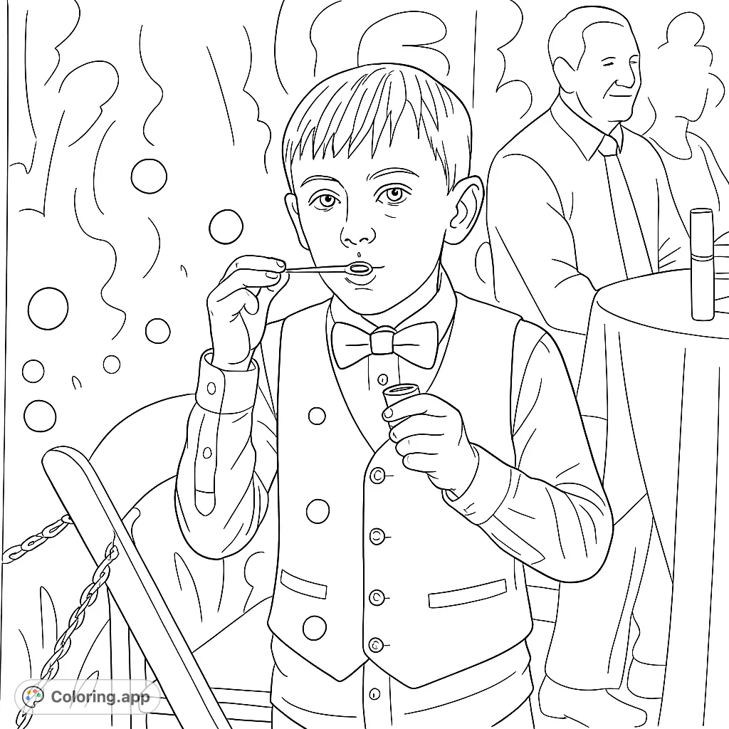 A charming boy in a vest and bow tie, joyfully blowing bubbles at an event. This delightful coloring page captures a moment of playful innocence for kids and adults.
