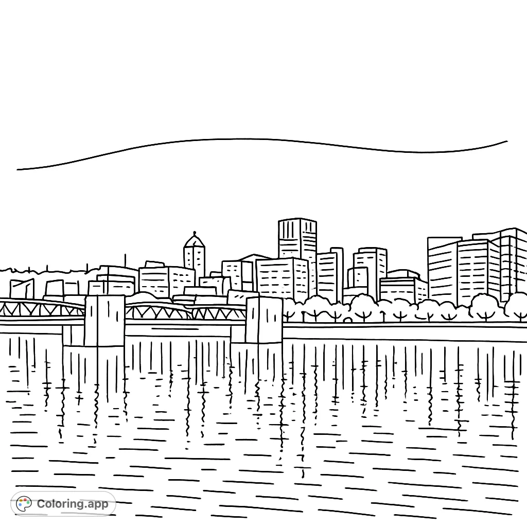 Immerse yourself in a detailed cityscape coloring page featuring a stunning skyline, a grand bridge, and captivating reflections on the tranquil water.