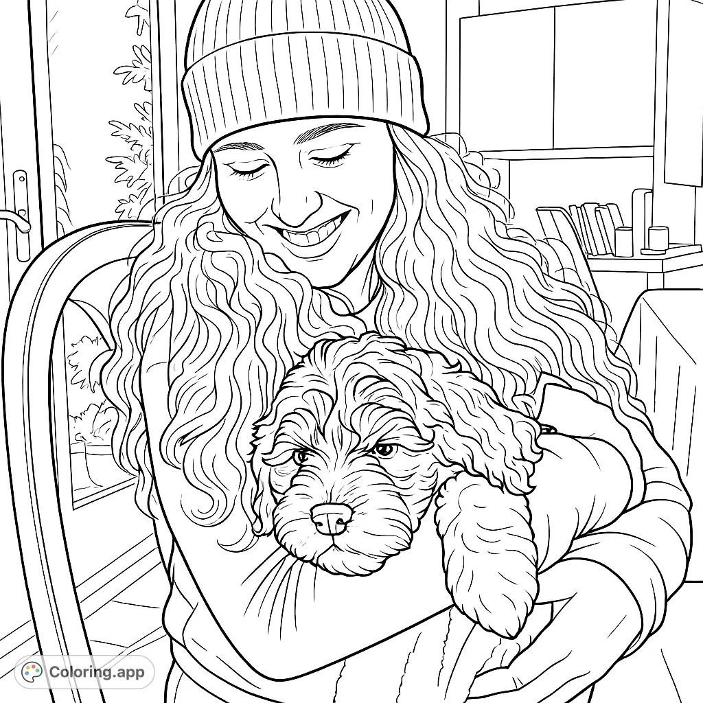 A heartwarming coloring page featuring a person lovingly embracing a fluffy puppy in a cozy indoor setting. Perfect for pet lovers.