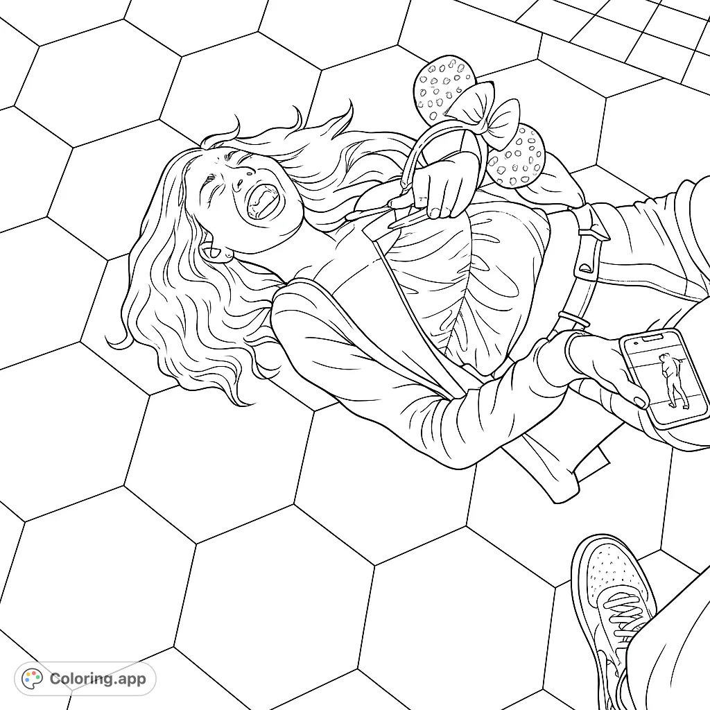 Capture a moment of pure joy with this delightful coloring page featuring a young woman laughing on a hexagon-tiled floor, complete with a themed ear headband.