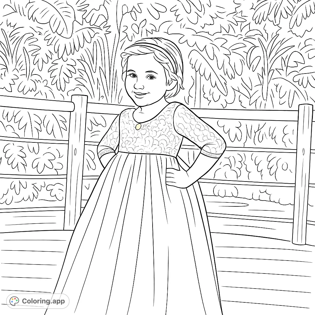 An elegant girl in a beautiful gown stands smiling, ready for a special occasion. This charming free printable coloring page offers intricate details and flowing forms.