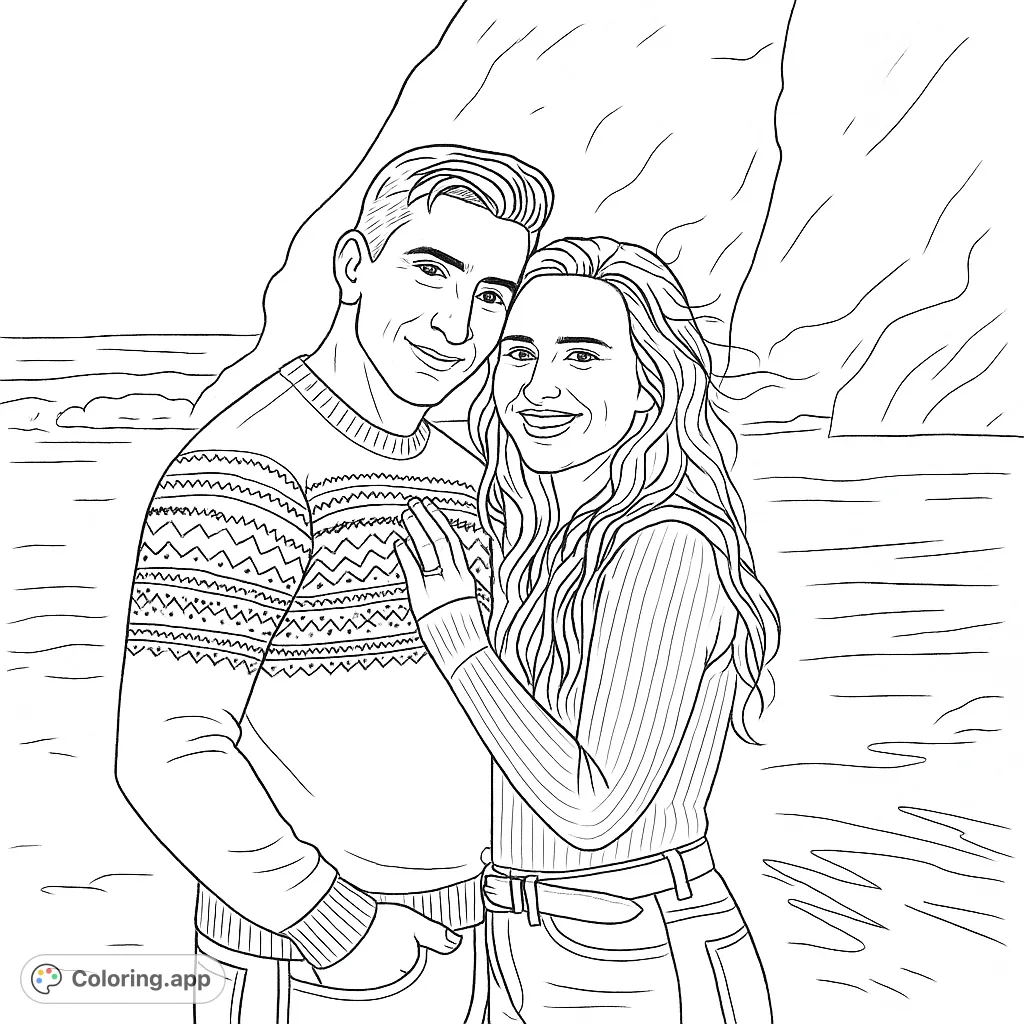 A romantic couple coloring page featuring a loving embrace on a serene beach with a patterned sweater and rugged cliff background. Perfect for relaxation!