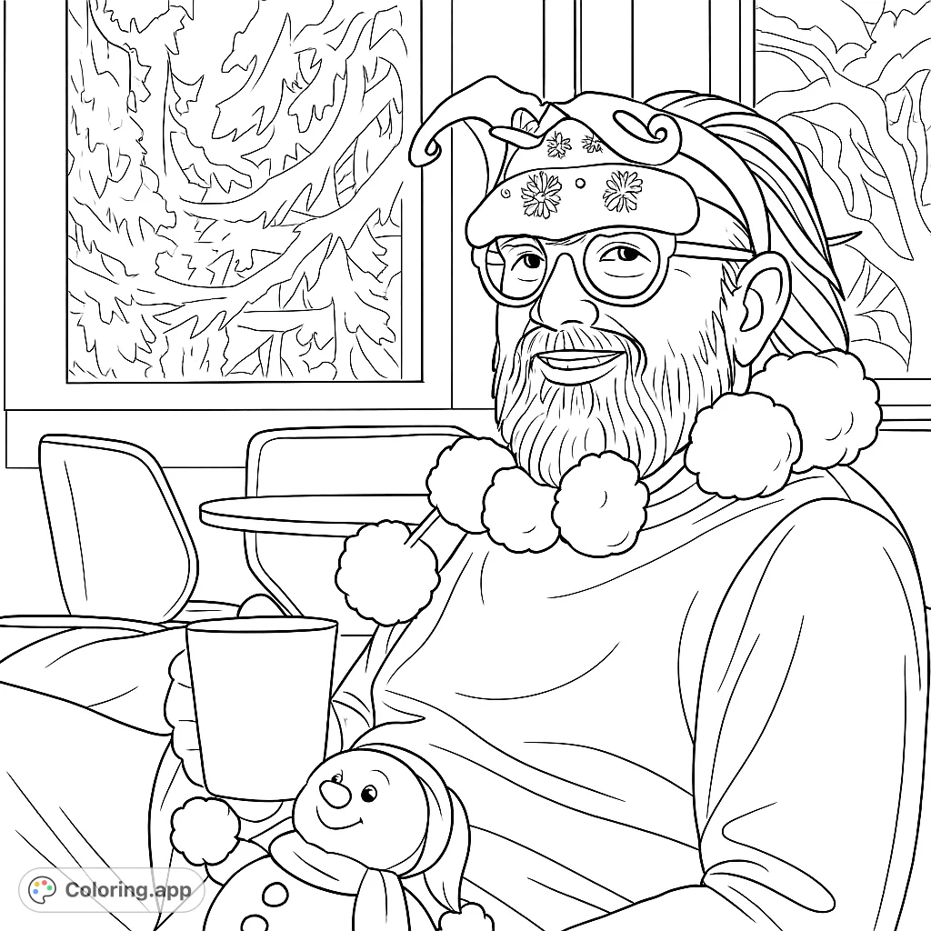 A cheerful man in whimsical holiday attire, featuring elf ears, novelty glasses, and a festive pompom garland. Perfect for a fun coloring session.