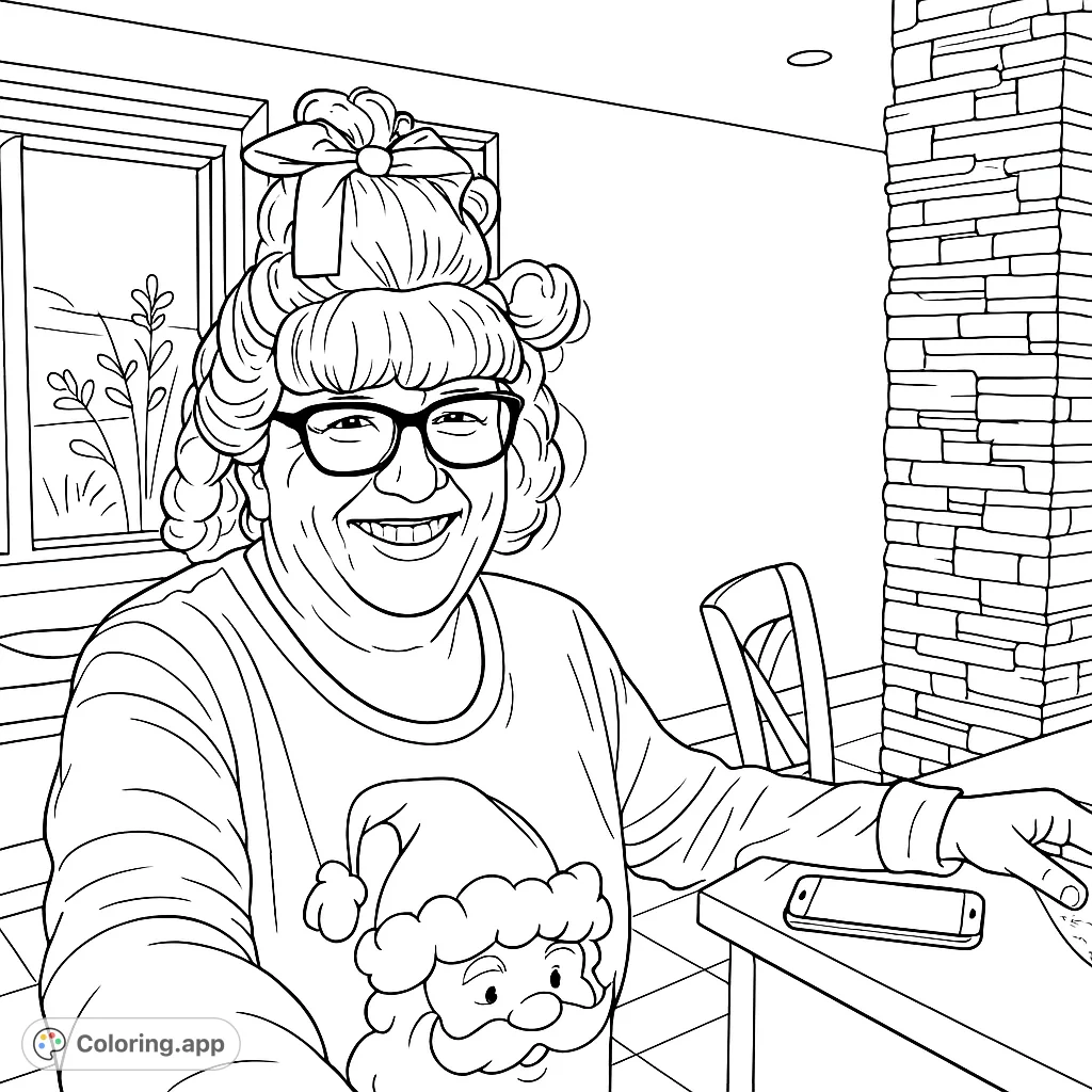 A joyful woman with a tall, elaborately styled wig and festive attire smiles, surrounded by a whimsical holiday celebration scene. Perfect for creative holiday coloring.
