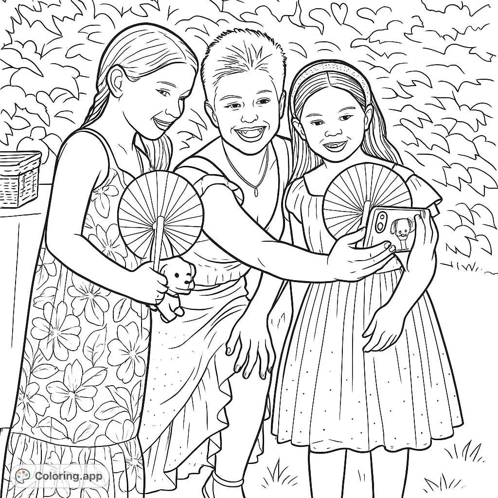 A cheerful group takes an outdoor selfie, featuring patterned dresses, paper fans, and a garden background. Perfect for creative expression and celebrating friendship.