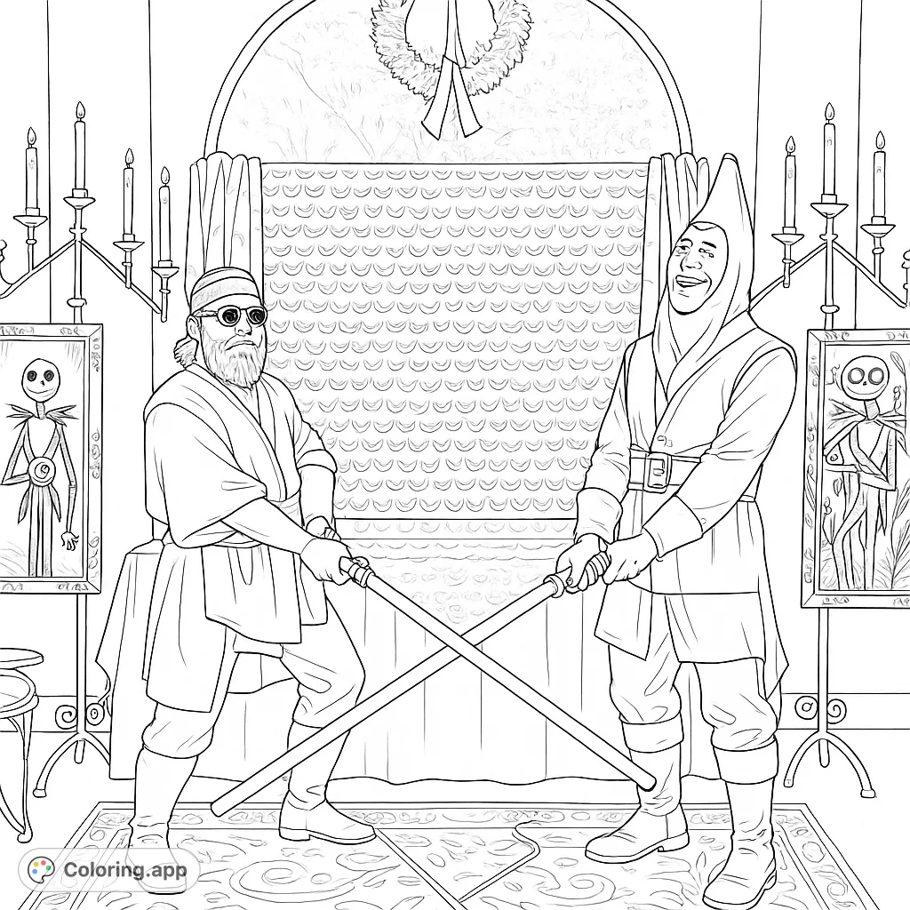 An entertaining coloring page featuring a robed figure and a person in a banana costume engaged in a whimsical duel with glowing hilts amidst festive decorations.