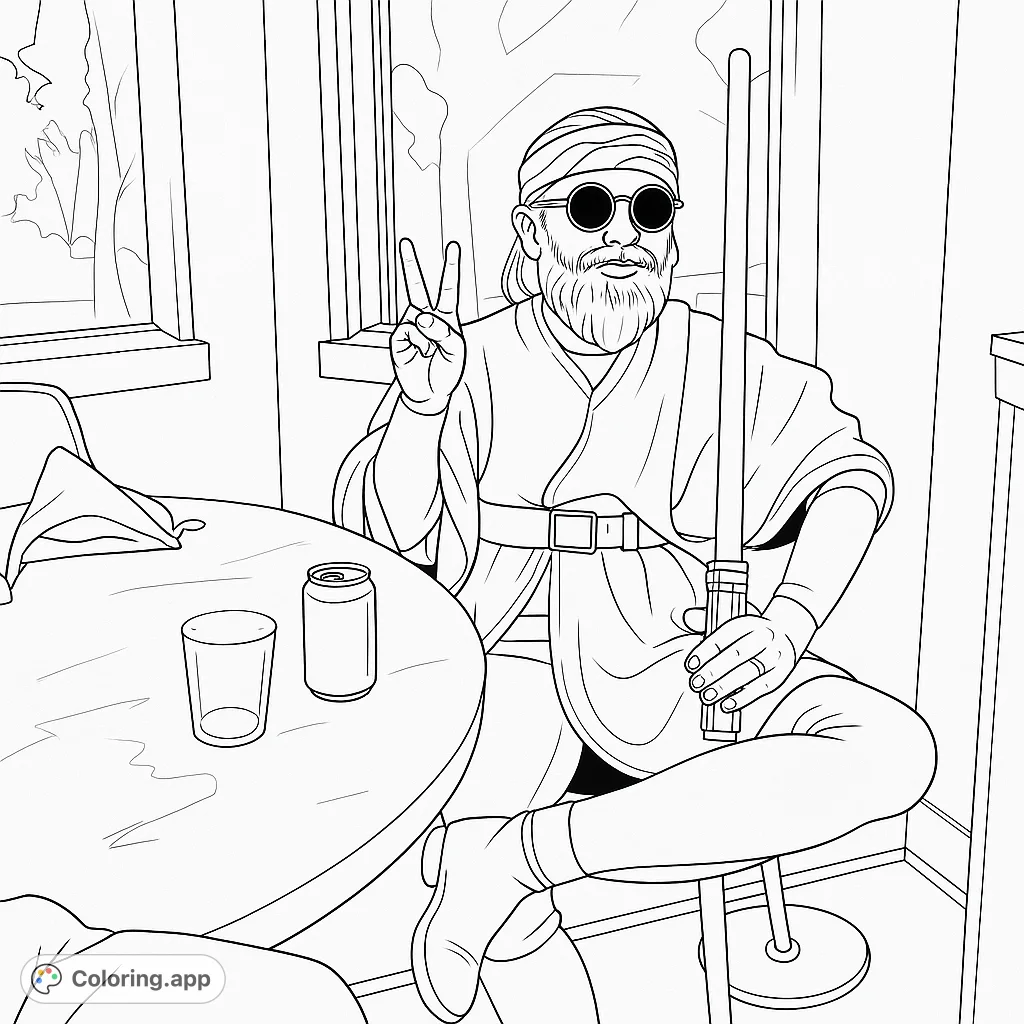 A unique character in a tunic and patterned headband, holding a glowing cylindrical object, takes a moment at a marbled table. A fun sci-fi coloring page.