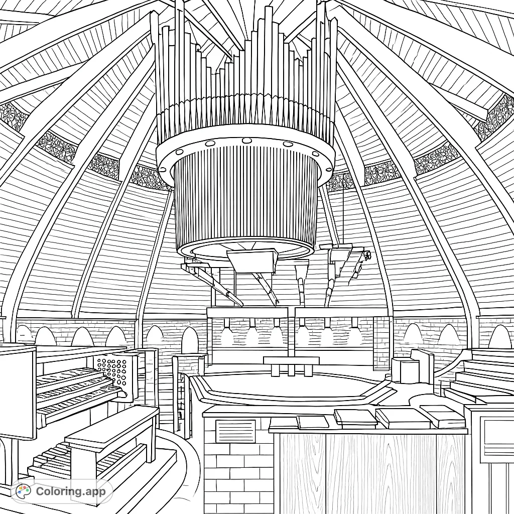 Explore a magnificent sanctuary with a suspended pipe organ, intricate wooden architecture, and detailed console. A challenging design for focused coloring.