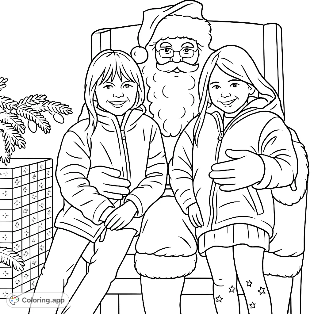 Join two joyful children meeting a beloved festive figure in a cozy armchair. This holiday scene captures a moment of childhood wonder, perfect for seasonal coloring.