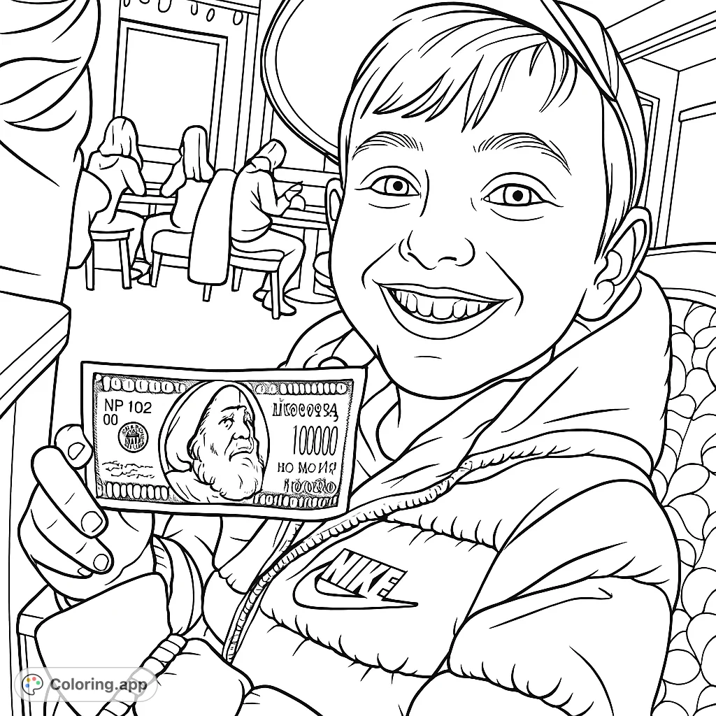 A cheerful boy proudly displays a special Santa Claus novelty bill, perfect for a fun holiday coloring page. Capture his infectious smile!
