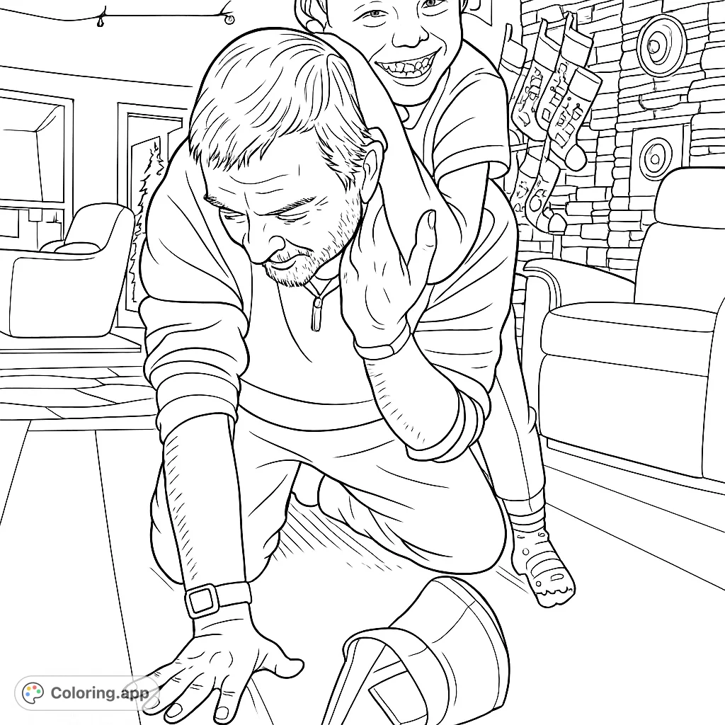 Capture a heartwarming moment of playful family bonding with this free printable coloring page, perfect for all ages. Features a father and child in a joyful embrace.