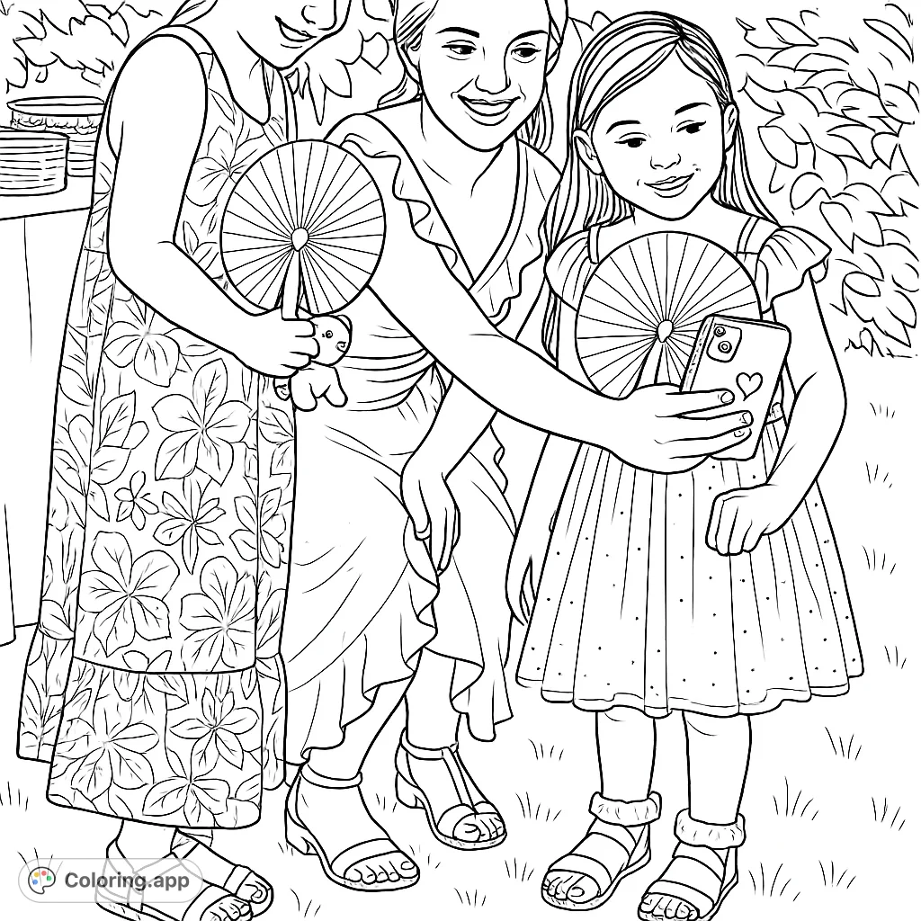 Capture a moment of joy with this group selfie featuring an adult and two children outdoors. Intricate patterns on clothing add detail and charm.