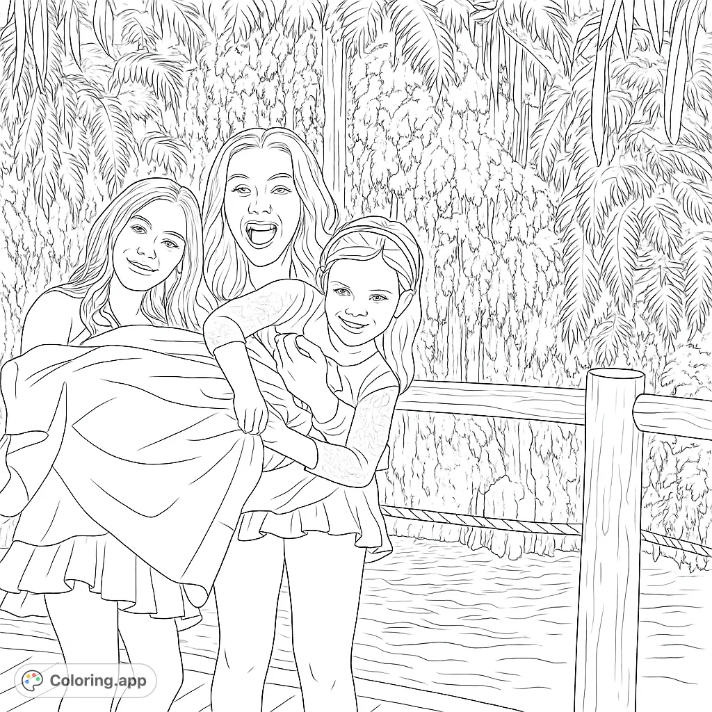 Capture a heartwarming scene of three happy sisters by a natural waterfall. Ideal for personalizing with vibrant colors and intricate details.
