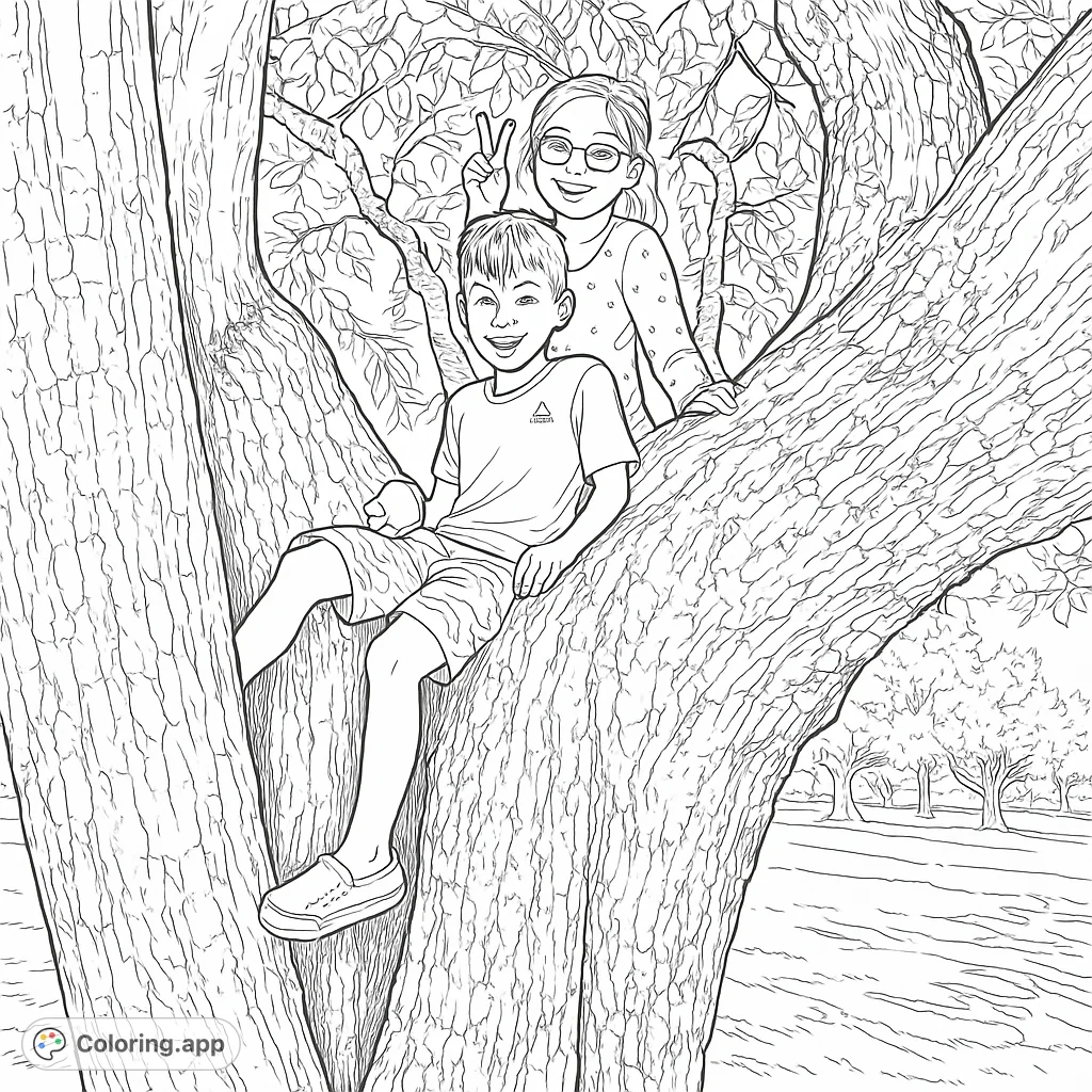 A delightful tree climbing coloring page featuring two smiling children nestled among the branches. Perfect for nature lovers and playful spirits!