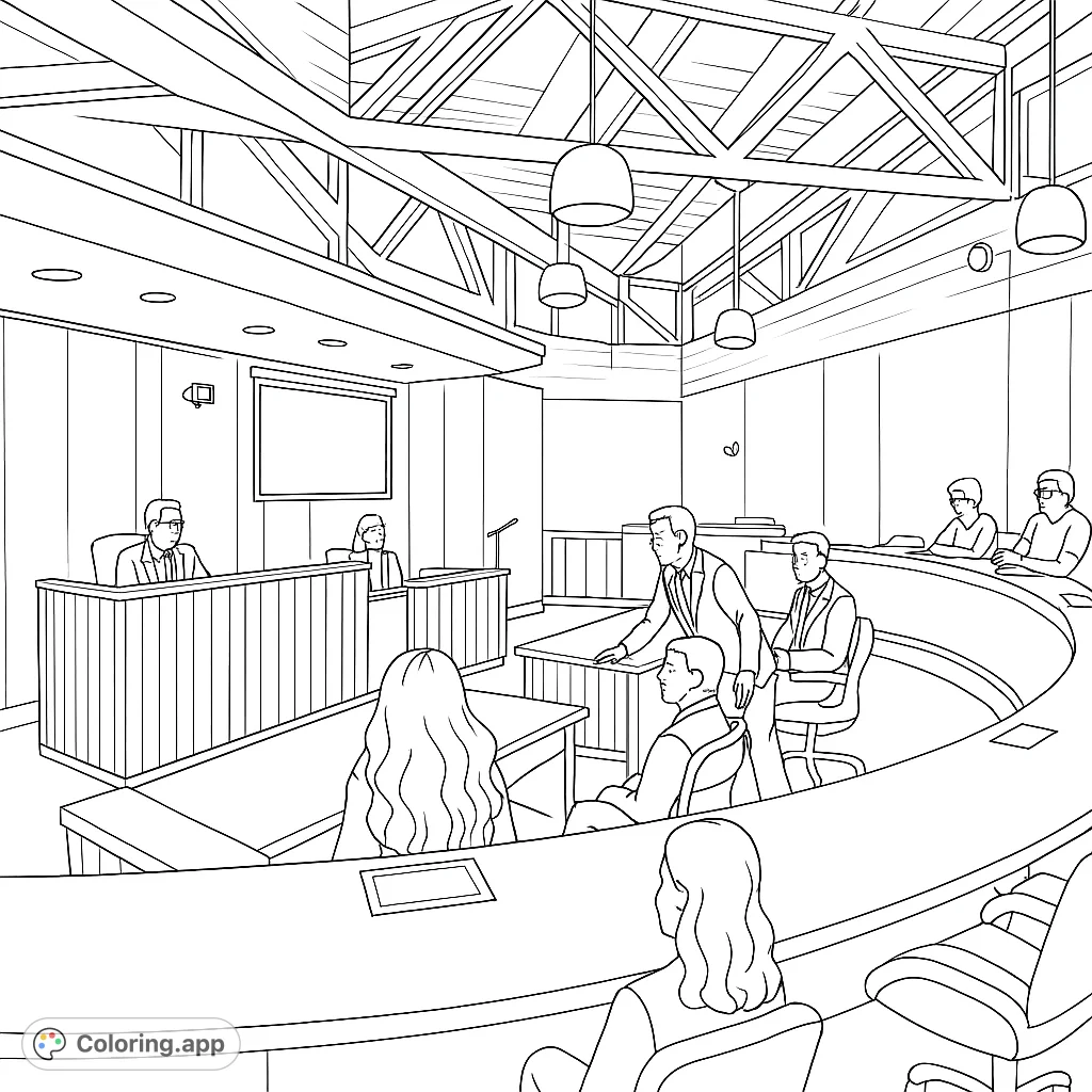 Engage with this detailed lecture hall coloring page, featuring figures in a modern academic setting. Perfect for focused adult coloring.