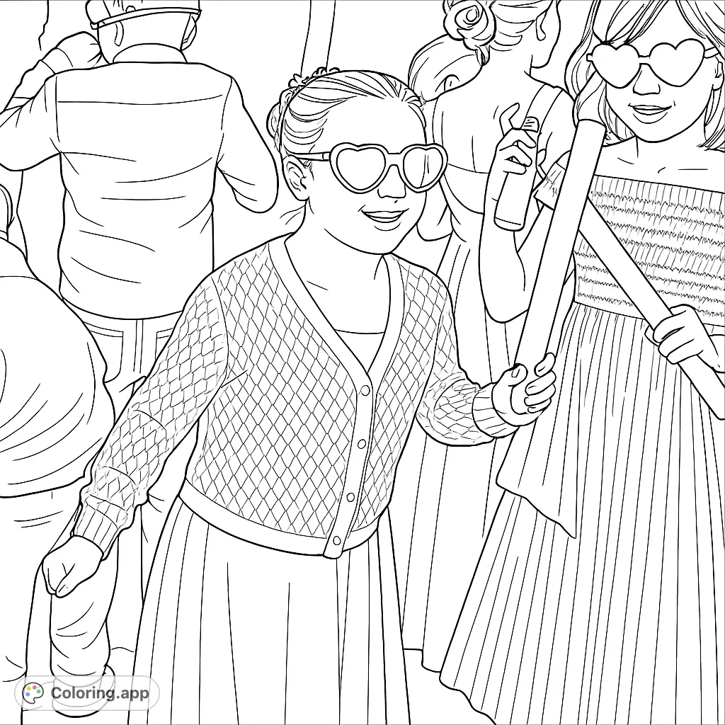 A joyful girl with heart-shaped sunglasses and a glowing foam stick, celebrating amidst a lively party scene. Perfect for capturing festive energy.