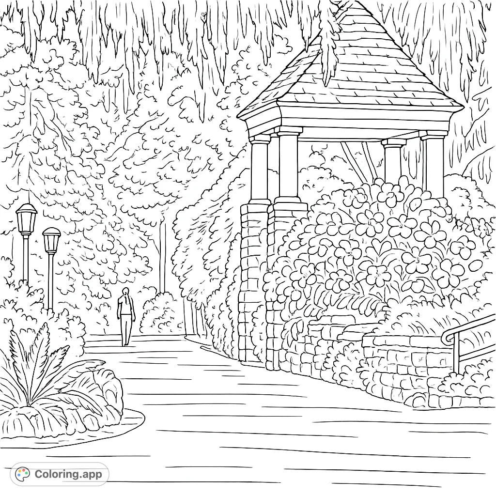 Explore a serene garden path featuring a grand gazebo, stone walls, flowering bushes, and lush trees. A delightful scene for relaxation and creative expression.
